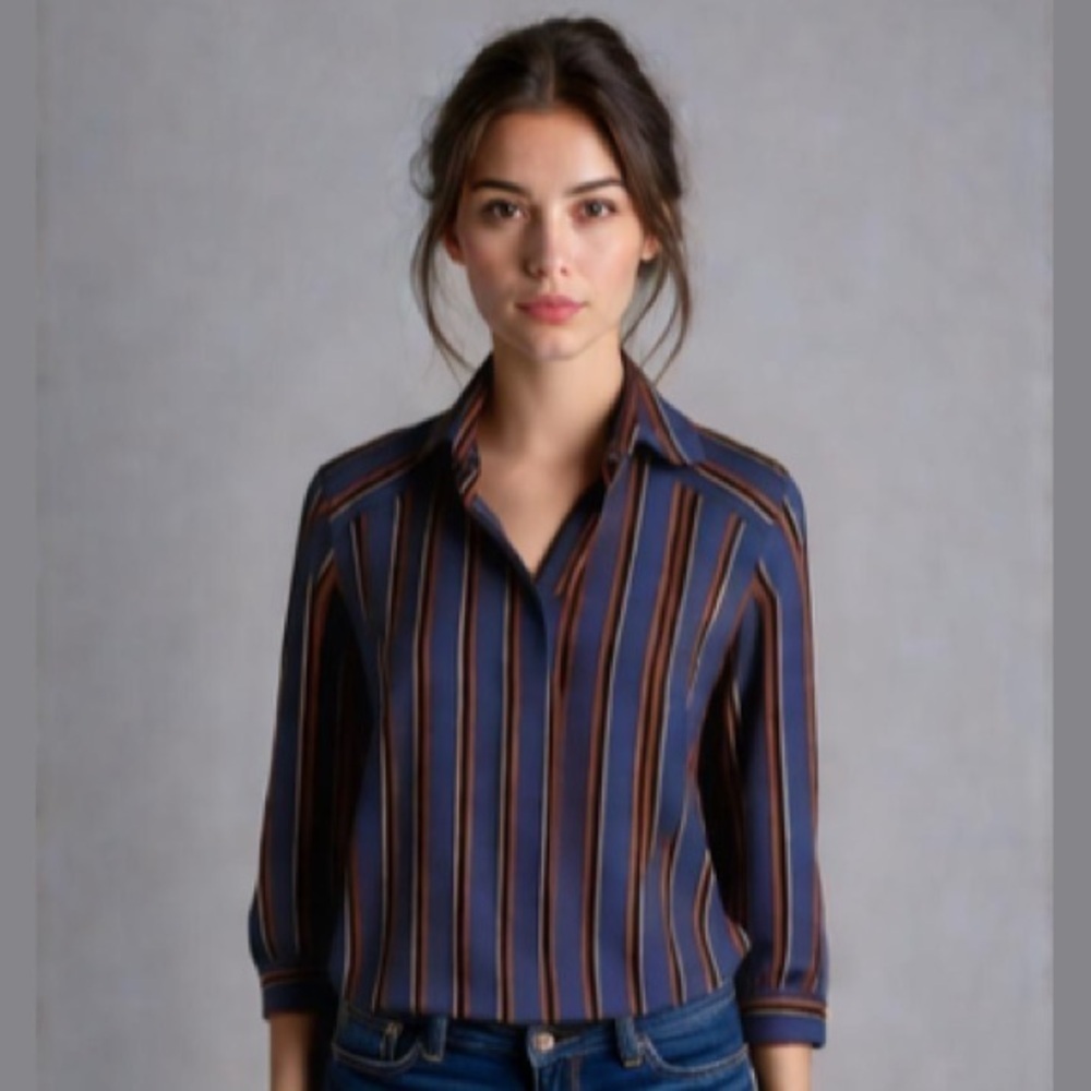 Alia Blue and Red Striped Button-Down Blouse size 8